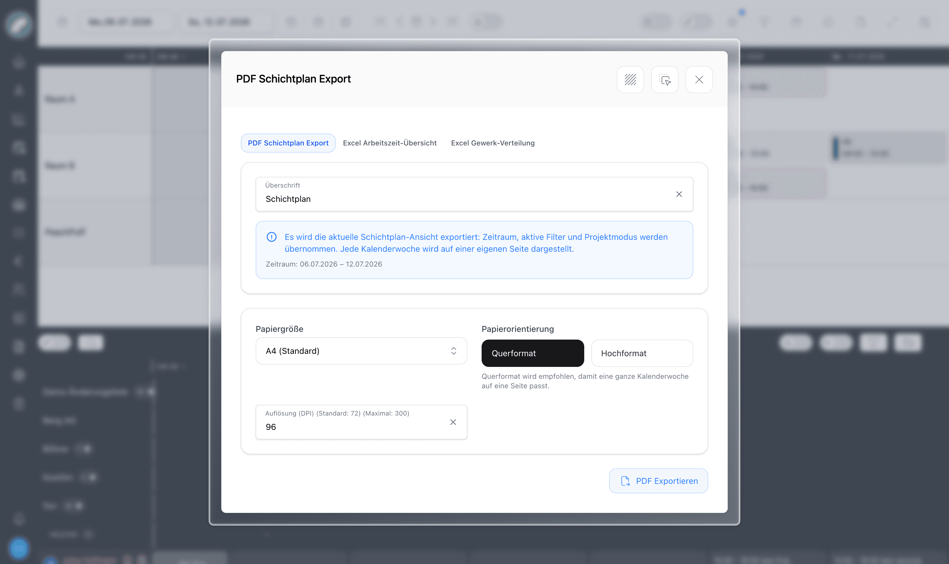 Der Export-Dialog mit seinen drei Tabs