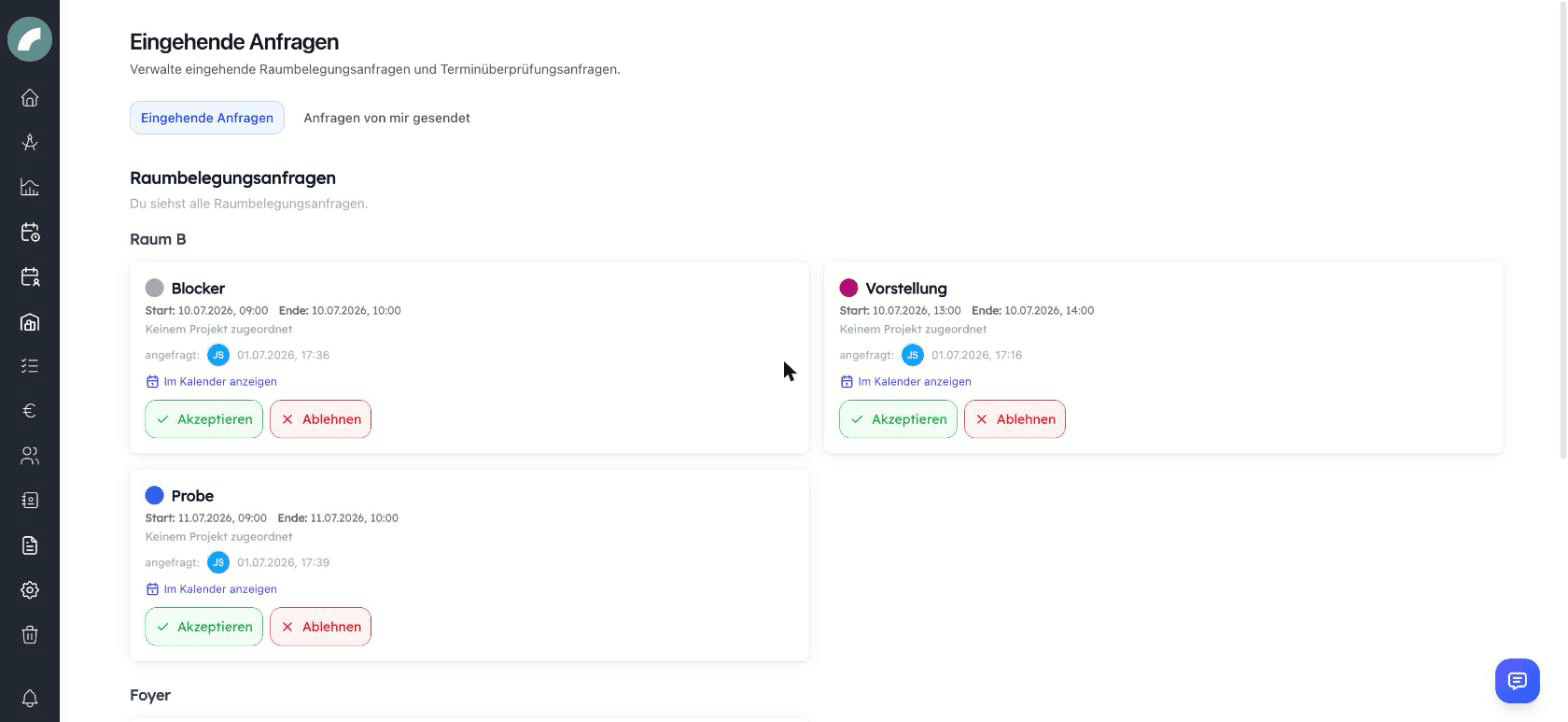 The event verifications with incoming room booking requests